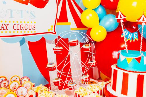 Circus design edible cupcake toppers with lion, clown, big red tent, carnival