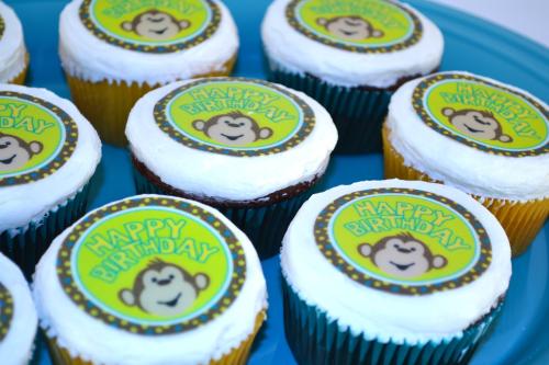Happy birthday monkey design edilbe cupcake toppers with polka dots