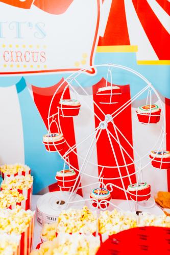 Circus design edible cupcake toppers with lion, clown, big red tent, carnival