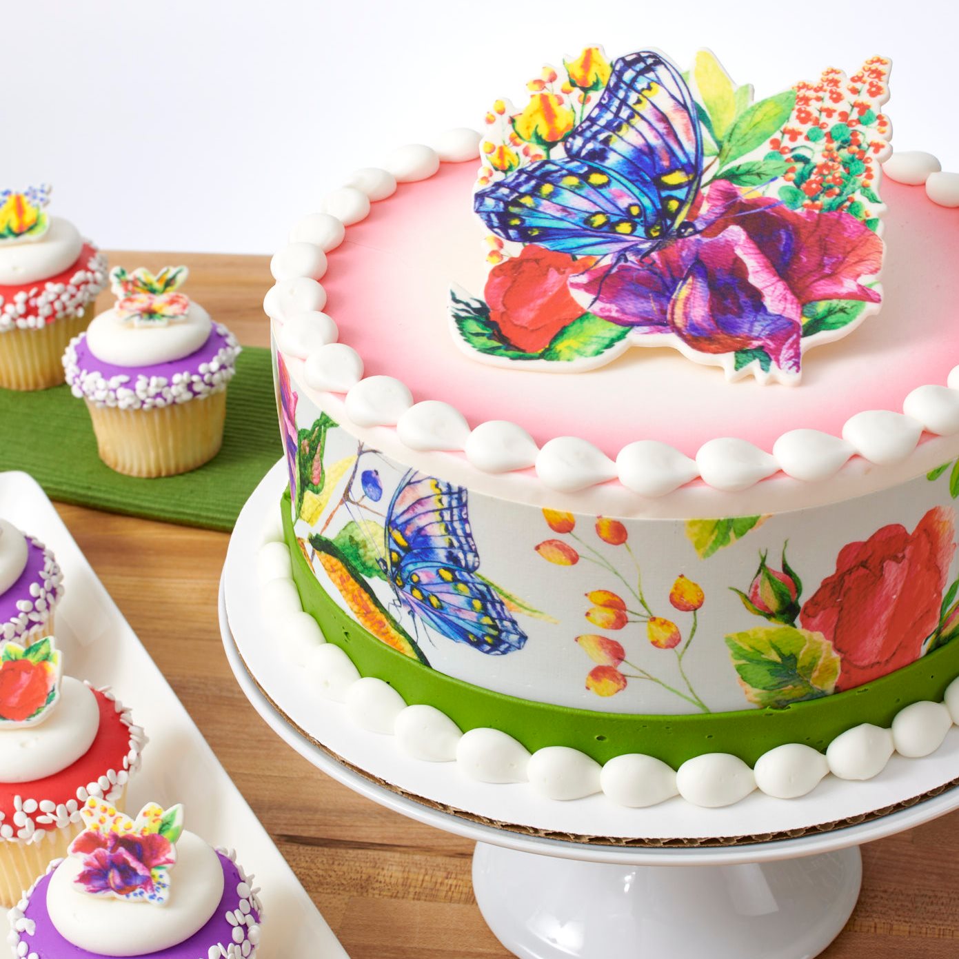 spring butterfly and flower design edible cake border with floral cupcake toppers